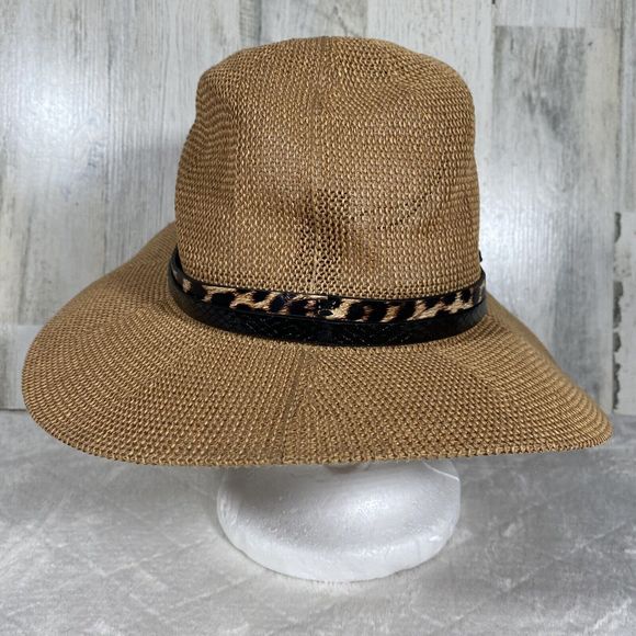 Vince Camuto Sun Hat Straw Floppy Hat Tan Black Cheetah Print Band Adjustable - Picture 4 of 6